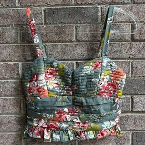 Band Of Gypsies BOG Collective Smocked Floral Ruffle Crop Top, Green‎ Medium